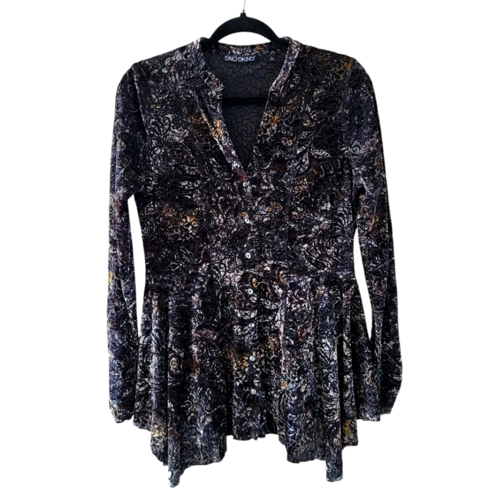 sno skins button up 90s friends artsy dark y2k burnt out velvet blouse small